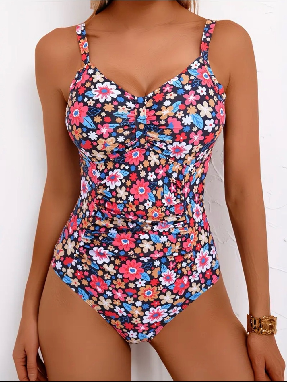 Floral Ruched One-Piece Swimsuit - Black Multi